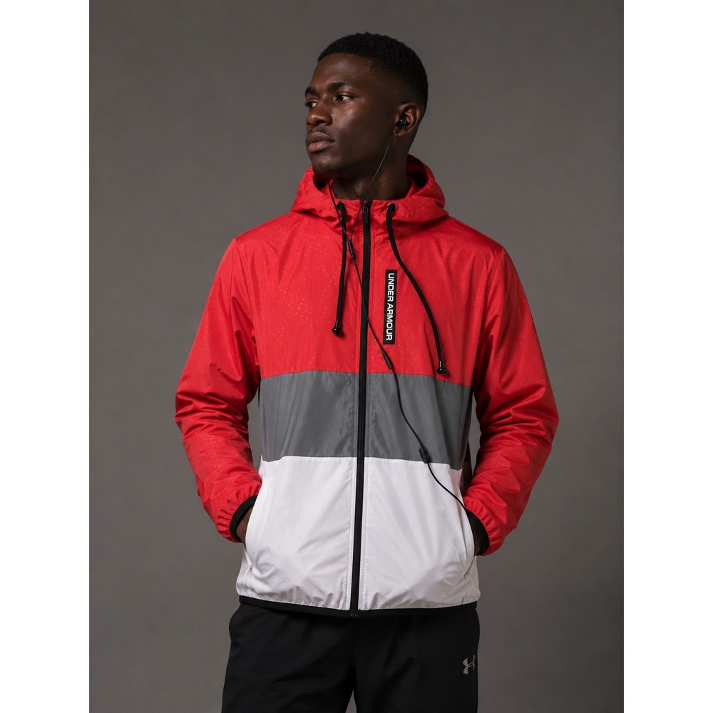 Under Armour Red Gray Full Zip Hooded Jacket With Built-In Earphones Sz XL NWOT